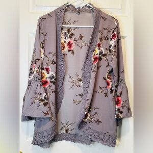 Gray Floral Open Front Kimono Cardigan Size XL 
With Bell Sleeves and Lace Trim